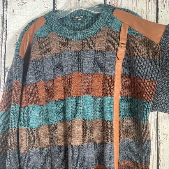 Vintage Hom Creation France Striped Knit Sweater Faux Leather Size Large 52 GUC - Picture 2 of 16